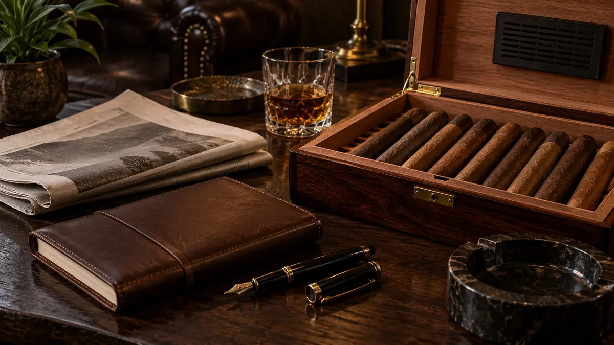 Cigars, a notebook, and a newspaper on a lounge table