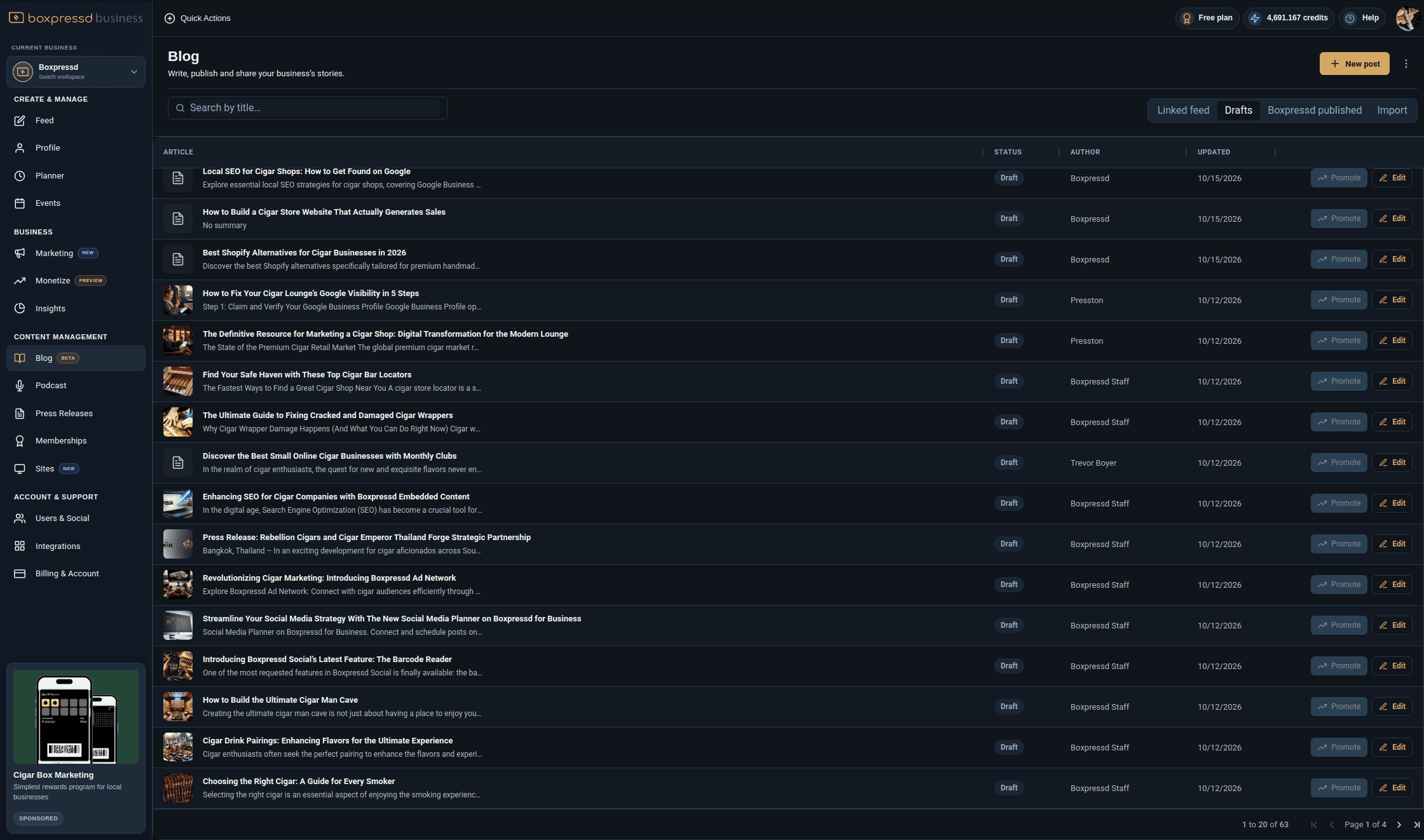 Boxpressd Business blog dashboard showing article drafts
