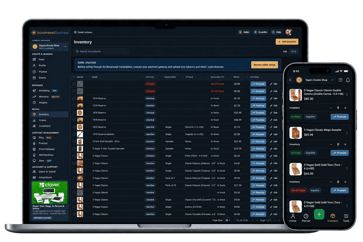 Boxpressd Business inventory shown on laptop and phone screens