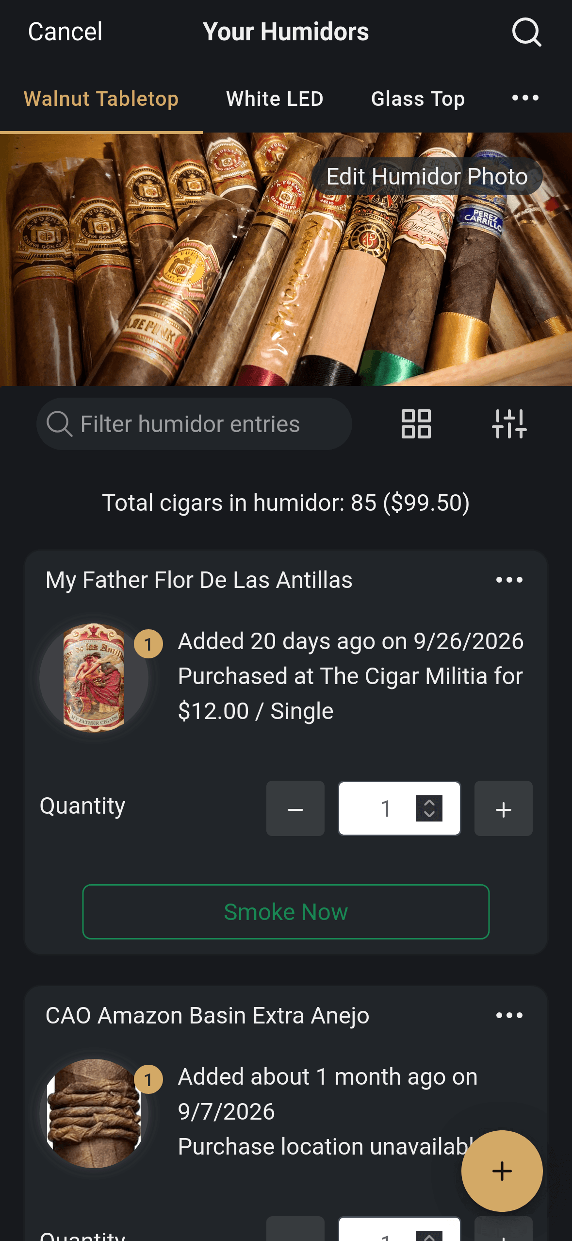 Boxpressd virtual humidor showing a cigar collection