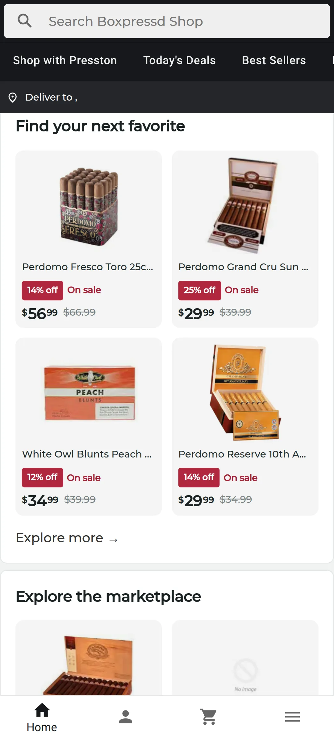Actual Boxpressd Shop cigar product listings on a mobile screen