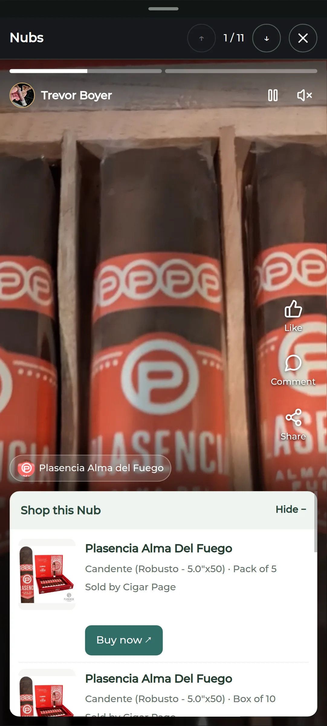 Boxpressd Nubs community video with a cigar product card