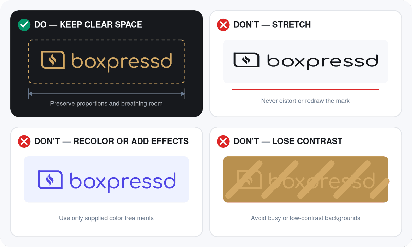 Boxpressd logo usage examples showing correct clear space and incorrect stretching, recoloring, effects, and low contrast